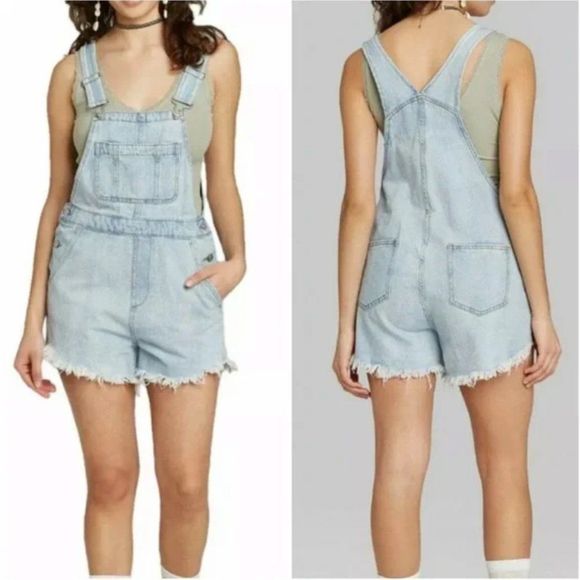 Wild Fable Distressed Frayed Raw Hem Shortalls Bib Overall Shorts XS - Picture 1 of 14